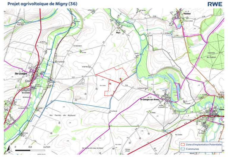 Carte du territoire de la zone d'implantation potentielle du projet agrivoltaïque de Migny